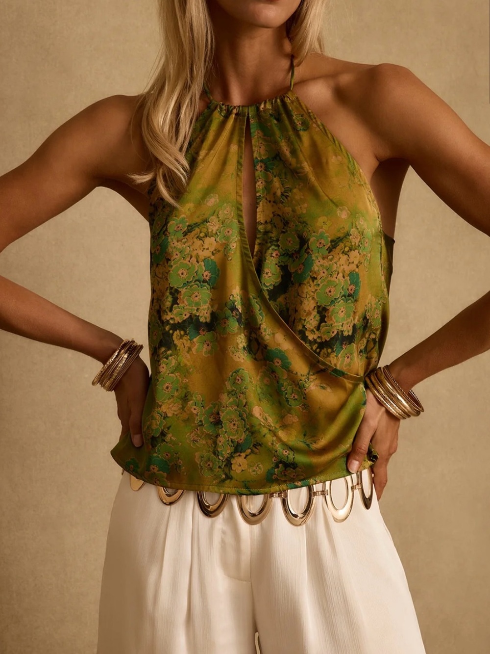 12th Tribe Wild Hibiscus Chartreuse Satin Halter Top XL NWOT